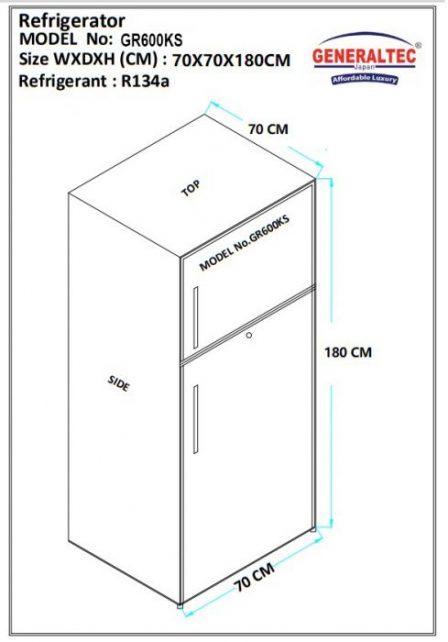 Generaltec Refrigerator Double Door Model No. GR600KS Dimension
