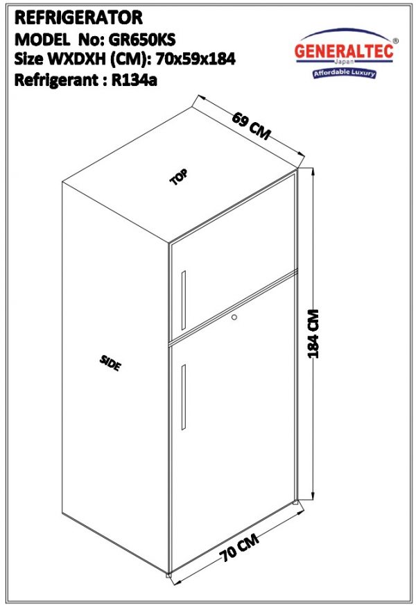 Generaltec Refrigerator Double Door Model No. GR650KS Dimension