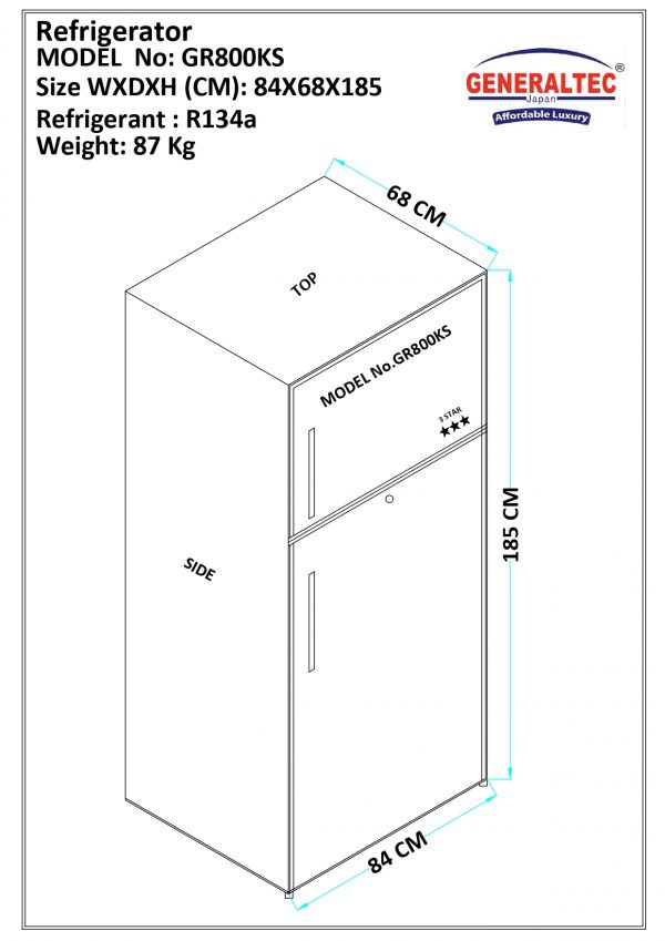Generaltec Refrigerator Double Door Model No. GR800KS Dimension