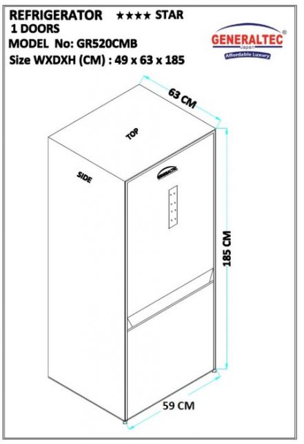 Generaltec Refrigerator Double Door Model No. GR520CMB Dimension