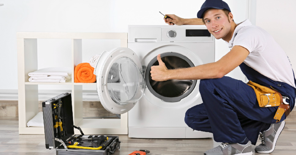 An expert providing Appliance Maintenance Tips by repairing a washing machine.